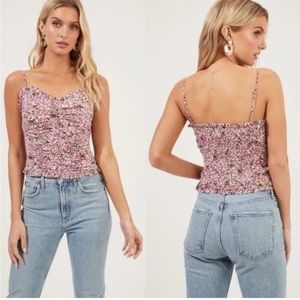 ASTR the Label Ruched Cami Fuchsia-Olive Ditsy Floral Crop Tank Top